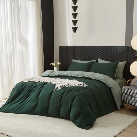 Unyqoos® Luxe katoenen dekbedovertrekset in donkergroen en saliegroen met ritssluiting