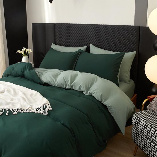 Unyqoos® Luxe katoenen dekbedovertrekset in donkergroen en saliegroen met ritssluiting