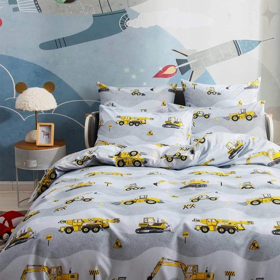 Unyqoos® Ultrazachte Microvezel Kinderbeddengoedset met Graafmachine en Bouwplaats Motief, Inclusief Kussensloop