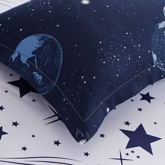 Unyqoos® Beddengoedset voor Kinderen met Omkeerbaar Ruimte Motief en Sterren in Blauw en Wit