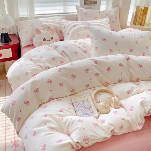 Unyqoos® Romantische Beddengoedset met Roze Strikpatroon en Zachte Microvezel Stof