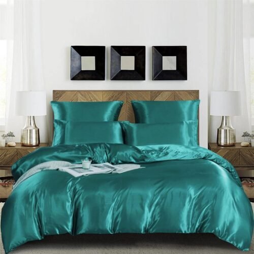 Unyqoos® Elegant satijnen dekbedovertrek set met kussensloop in glanzend turquoise