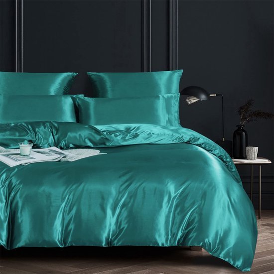Unyqoos® Elegant satijnen dekbedovertrek set met kussensloop in glanzend turquoise
