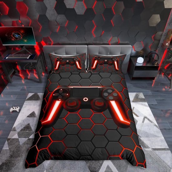 Unyqoos® Gamer Themed Beddengoedset voor Jongens met 3D Design en Geometrisch Patroon