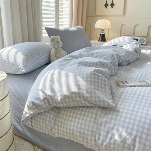 Unyqoos® Blauw Geruite Kinderbeddengoedset van Microvezel met Ritssluiting