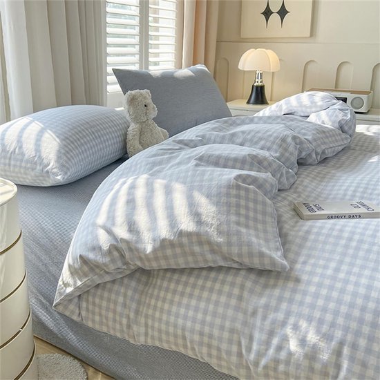 Unyqoos® Blauw Geruite Kinderbeddengoedset van Microvezel met Ritssluiting