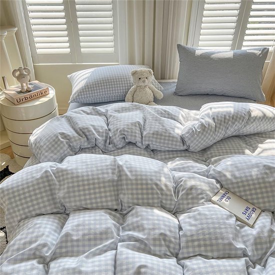 Unyqoos® Blauw Geruite Kinderbeddengoedset van Microvezel met Ritssluiting