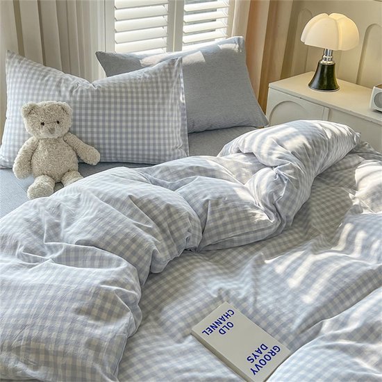 Unyqoos® Blauw Geruite Kinderbeddengoedset van Microvezel met Ritssluiting