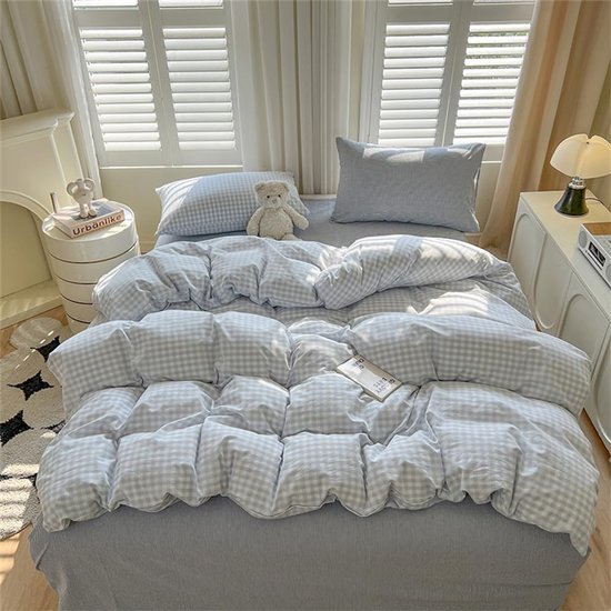 Unyqoos® Blauw Geruite Kinderbeddengoedset van Microvezel met Ritssluiting