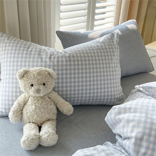 Unyqoos® Blauw Geruite Kinderbeddengoedset van Microvezel met Ritssluiting