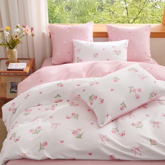 Unyqoos® Omkeerbaar bloemen beddengoed met tulpenpatroon voor meisjeskamer 135x200 cm