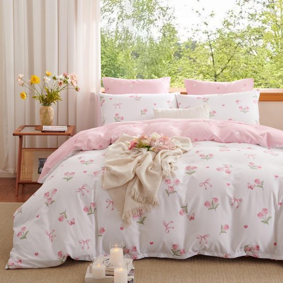 Unyqoos® Omkeerbaar bloemen beddengoed met tulpenpatroon voor meisjeskamer 135x200 cm