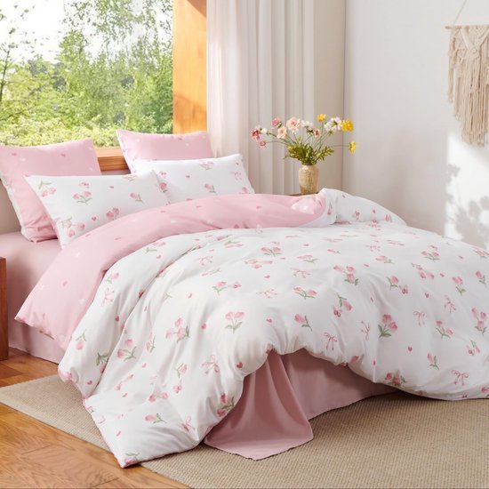 Unyqoos® Omkeerbaar bloemen beddengoed met tulpenpatroon voor meisjeskamer 135x200 cm