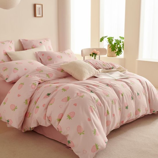 550x550-12155.jpg Unyqoos® Roze beddengoedset met aardbeienprint en microvezel dekbedovertrek