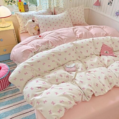 Unyqoos® Omkeerbare microvezel beddengoedset met roze strikken en kussensloop
