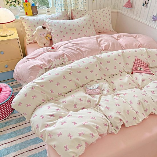Unyqoos® Omkeerbare microvezel beddengoedset met roze strikken en kussensloop