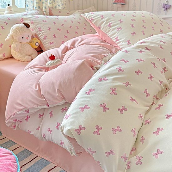 Unyqoos® Omkeerbare microvezel beddengoedset met roze strikken en kussensloop