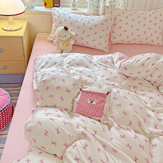 Unyqoos® Omkeerbare microvezel beddengoedset met roze strikken en kussensloop