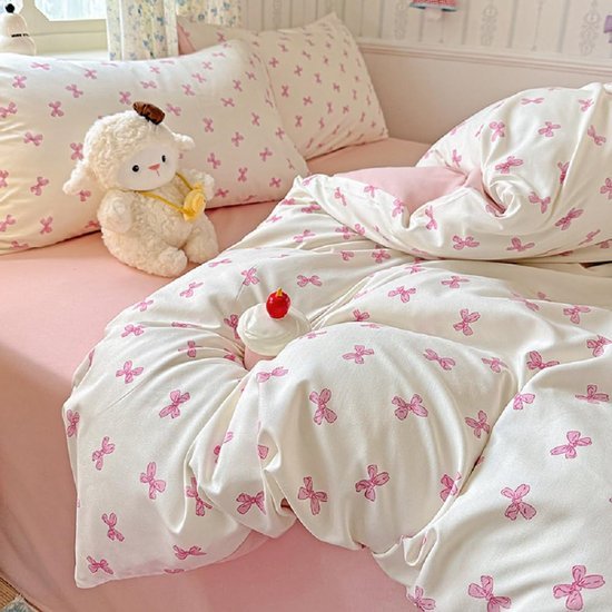 Unyqoos® Omkeerbare microvezel beddengoedset met roze strikken en kussensloop