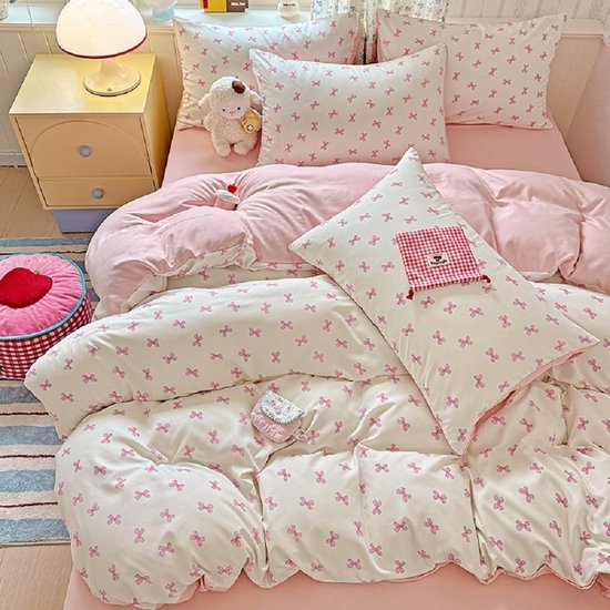 Unyqoos® Omkeerbare microvezel beddengoedset met roze strikken en kussensloop