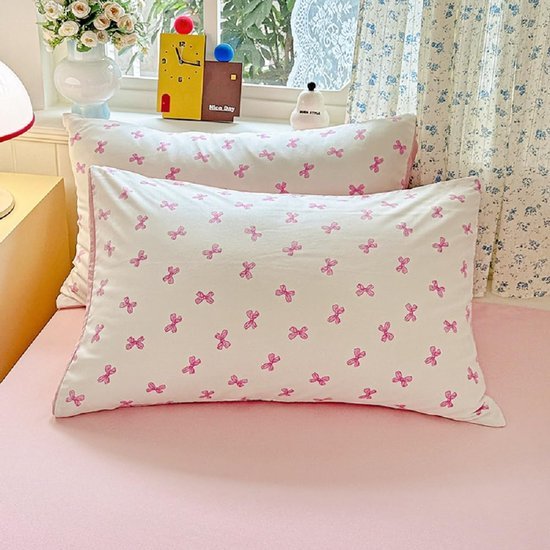 Unyqoos® Omkeerbare microvezel beddengoedset met roze strikken en kussensloop