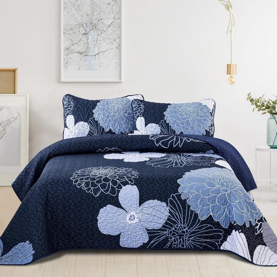 Unyqoos® Elegante Marineblauwe Bloemen Sprei Set met Zomerdeken en Kussenslopen voor Tweepersoonsbed
