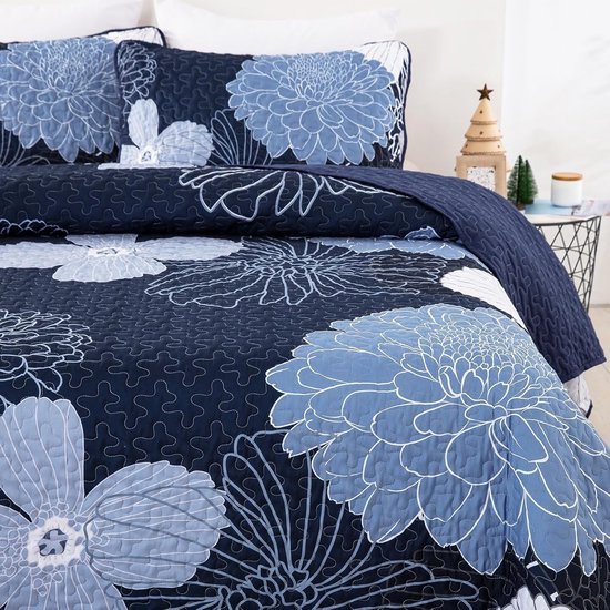 Unyqoos® Elegante Marineblauwe Bloemen Sprei Set met Zomerdeken en Kussenslopen voor Tweepersoonsbed