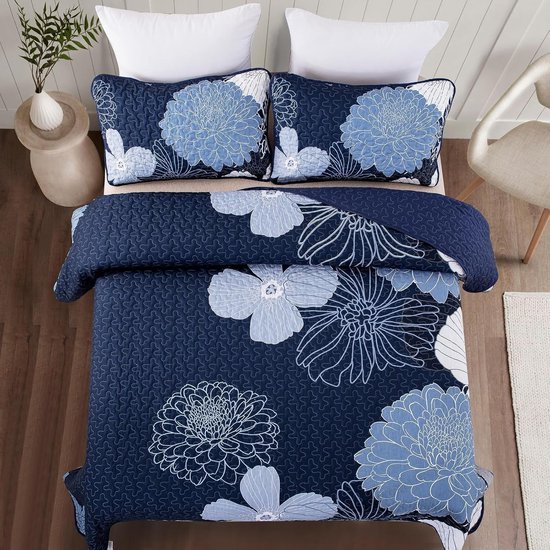 Unyqoos® Elegante Marineblauwe Bloemen Sprei Set met Zomerdeken en Kussenslopen voor Tweepersoonsbed