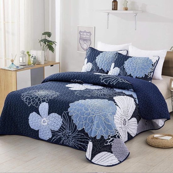 Unyqoos® Elegante Marineblauwe Bloemen Sprei Set met Zomerdeken en Kussenslopen voor Tweepersoonsbed