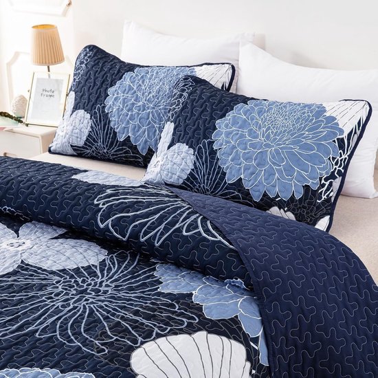 Unyqoos® Elegante Marineblauwe Bloemen Sprei Set met Zomerdeken en Kussenslopen voor Tweepersoonsbed