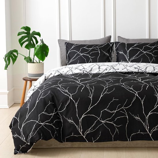 Unyqoos® Luxe tweepersoons dekbedovertrek set met bladmoti​ef in zwart-wit microvezel