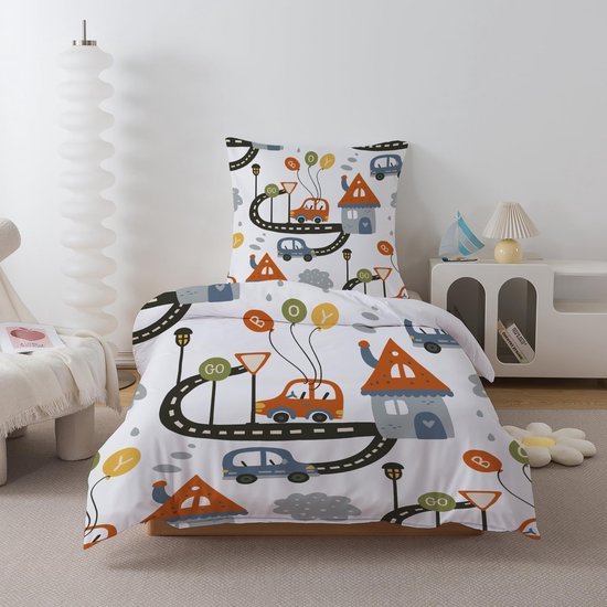 Unyqoos® Kinderbeddengoedset met kleurrijk auto- en ballonontwerp van microvezel voor jongens