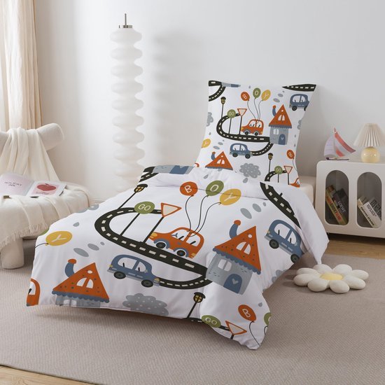 Unyqoos® Kinderbeddengoedset met kleurrijk auto- en ballonontwerp van microvezel voor jongens