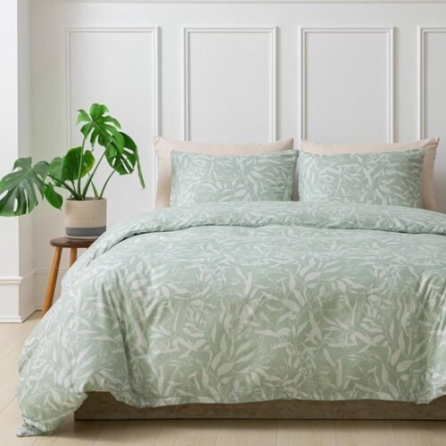 Unyqoos® Lichtgroene beddengoedset met bladpatroon en ritssluiting voor tweepersoonsbedden