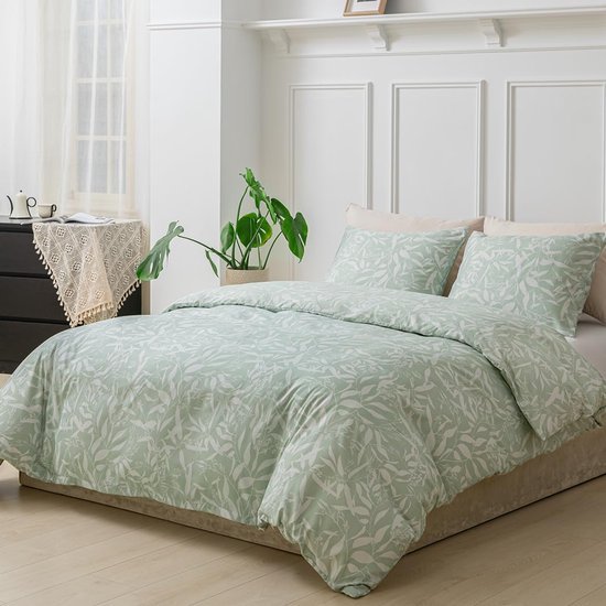 Unyqoos® Lichtgroene beddengoedset met bladpatroon en ritssluiting voor tweepersoonsbedden