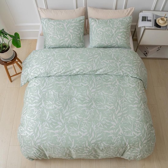Unyqoos® Lichtgroene beddengoedset met bladpatroon en ritssluiting voor tweepersoonsbedden