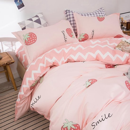 550x550-12331.jpg Unyqoos® Roze Aardbeien Kinderbeddengoedset met Omkeerbaar Gestreept Ontwerp en Kussensloop, 140 x 200 cm