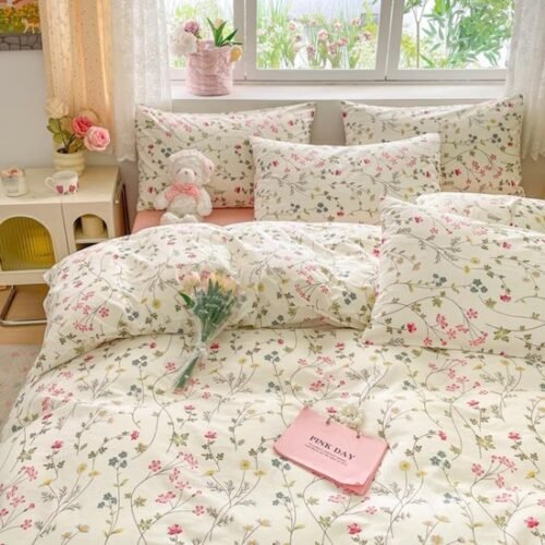 Unyqoos® Romantische katoenen beddengoedset met bloemenpatroon voor meisjeskamer