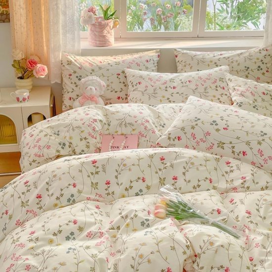 Unyqoos® Romantische katoenen beddengoedset met bloemenpatroon voor meisjeskamer