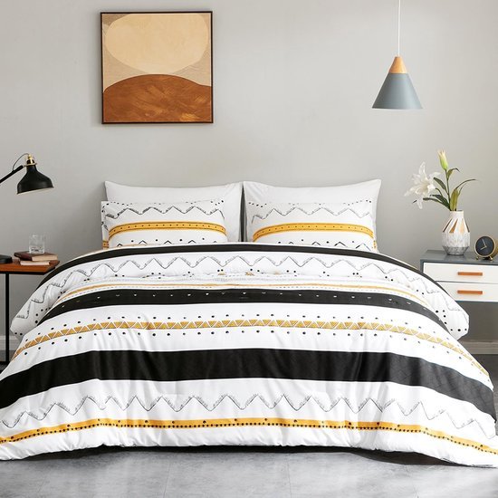 Unyqoos® Comfortabele en stijlvolle beddengoedset met gestreept ontwerp in geel en zwart