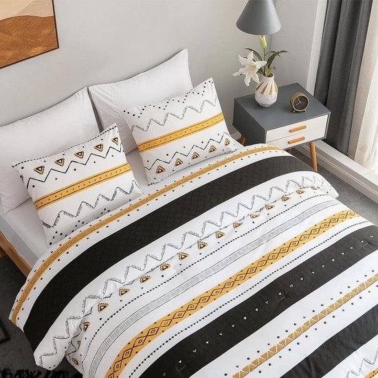 Unyqoos® Comfortabele en stijlvolle beddengoedset met gestreept ontwerp in geel en zwart