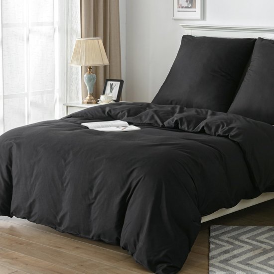 Unyqoos® Beddengoedset van microvezel, 2-delig, met ritssluiting en koorden, zwart, 135 x 200 cm