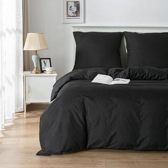 Unyqoos® Beddengoedset van microvezel, 2-delig, met ritssluiting en koorden, zwart, 135 x 200 cm