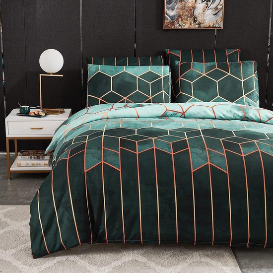 Unyqoos® Moderne vierdelige beddengoedset met geometrisch patroon en ritssluiting