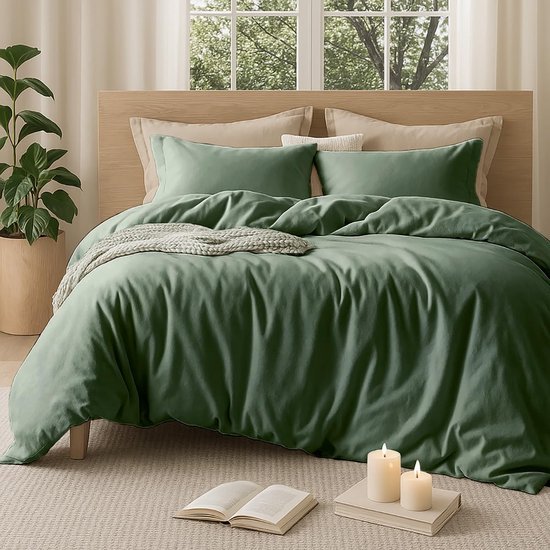 Unyqoos® Comfortabel katoenen beddengoedset met ritssluiting in saliegroen voor betere nachtrust