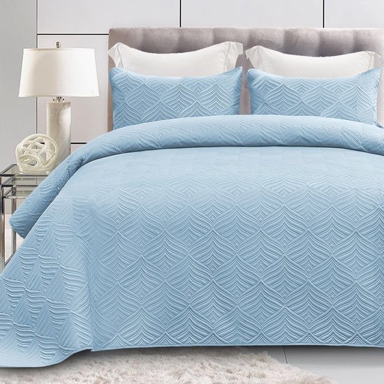 Unyqoos® Stijlvolle 4-Seizoenen Bedsprei Set Met Luxe Reliëfpatroon Inclusief Kussenslopen 220 x 240 cm Blauw