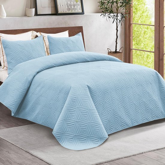 Unyqoos® Stijlvolle 4-Seizoenen Bedsprei Set Met Luxe Reliëfpatroon Inclusief Kussenslopen 220 x 240 cm Blauw