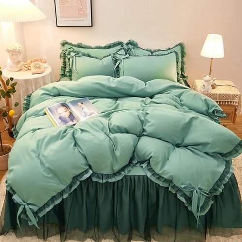 Unyqoos® Romantische beddenset met ruches en striksluiting voor eenpersoonsbed