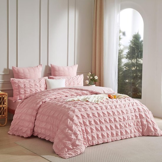 Unyqoos® Ademende Seersucker Beddengoedset voor Zomerslaapcomfort in Roze Tint