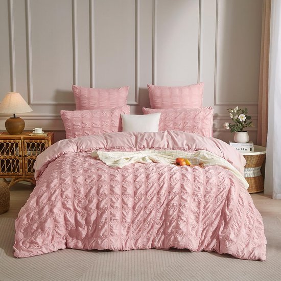 Unyqoos® Ademende Seersucker Beddengoedset voor Zomerslaapcomfort in Roze Tint